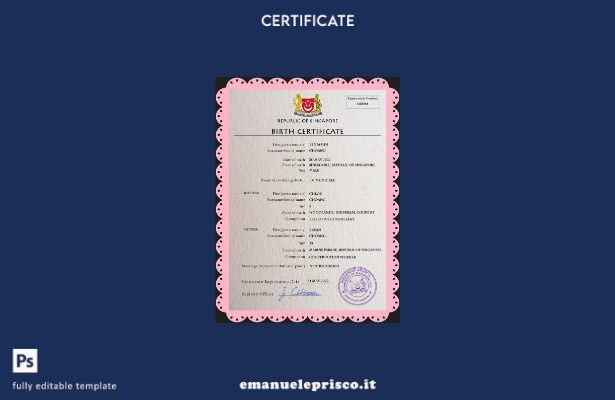 modello PSD del certificato di nascita del certificato di stato civile di Singap